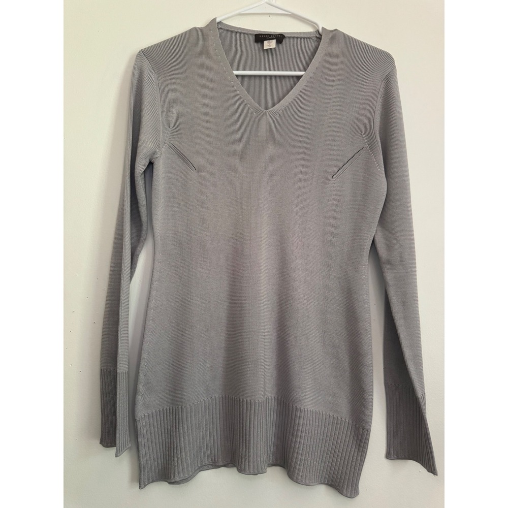 Henri Bendel Women Silver Gray 100% Silk V-Neck Long Sleeve Sweater Luxury Large